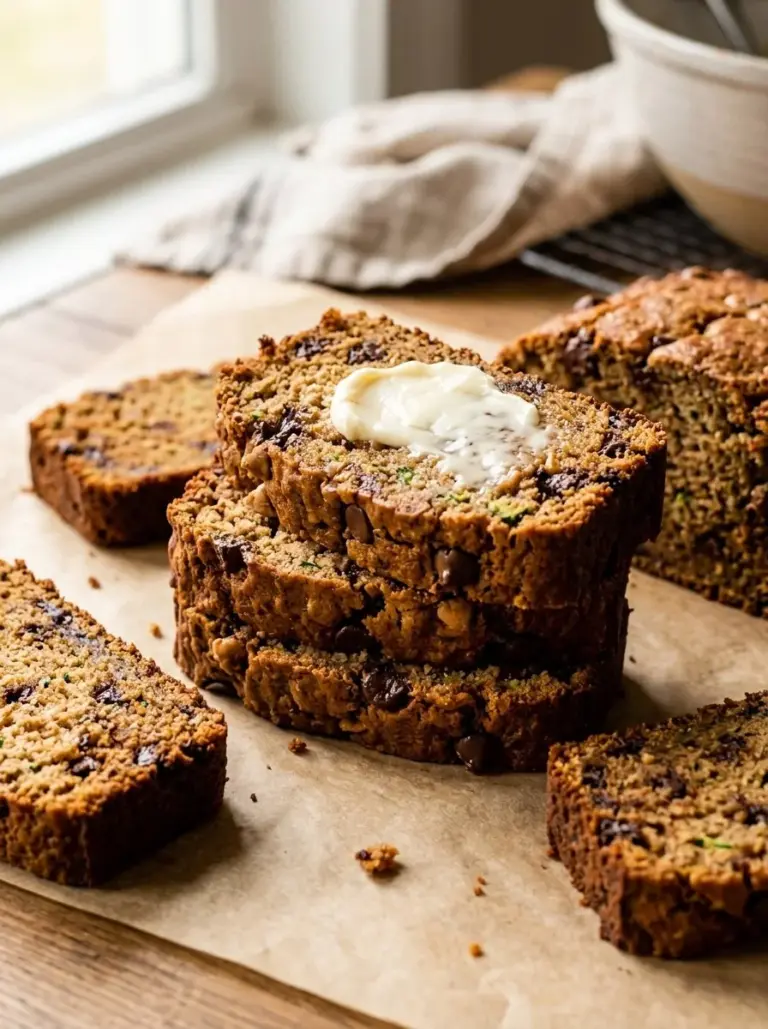 Delicious Peanut Butter Chocolate Chip Zucchini Bread slice on a wooden board