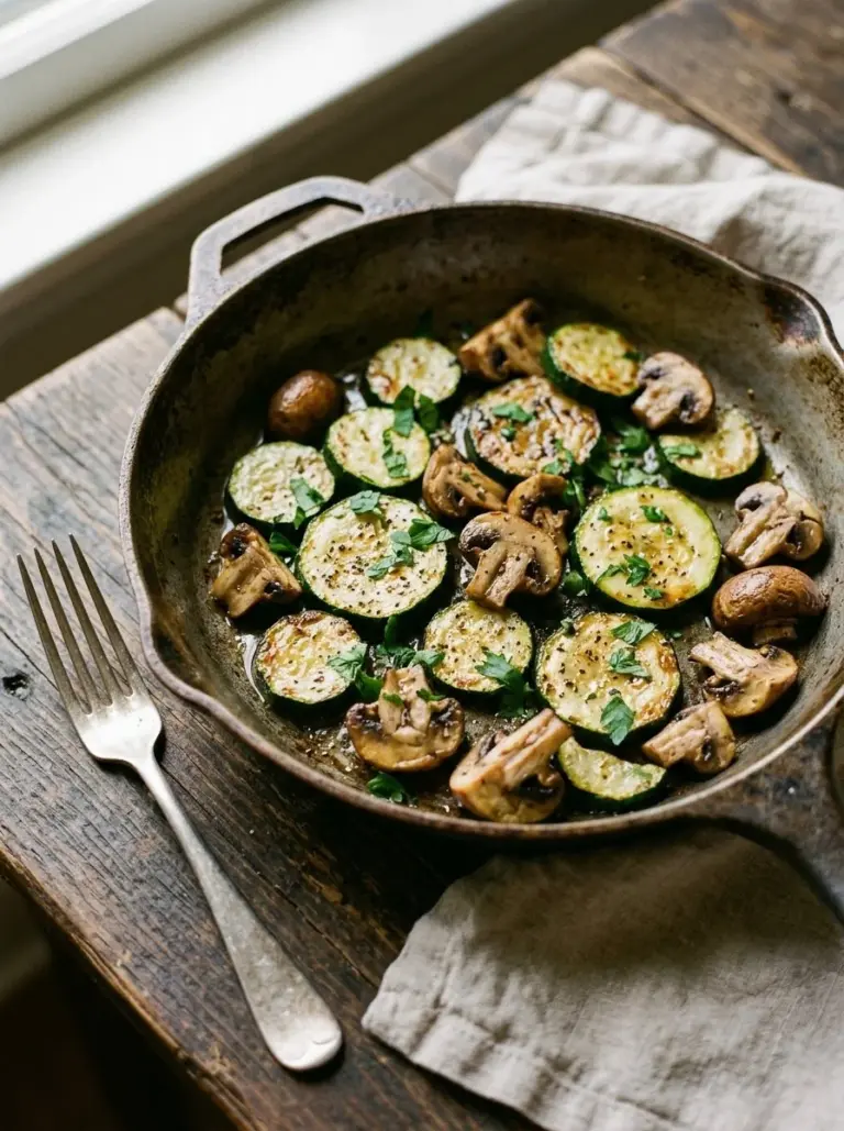Skillet zucchini and mushrooms sautéed to perfection with herbs and spices