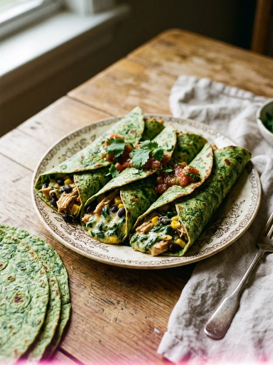 Freshly made spinach tortillas ready for wrapping or serving.
