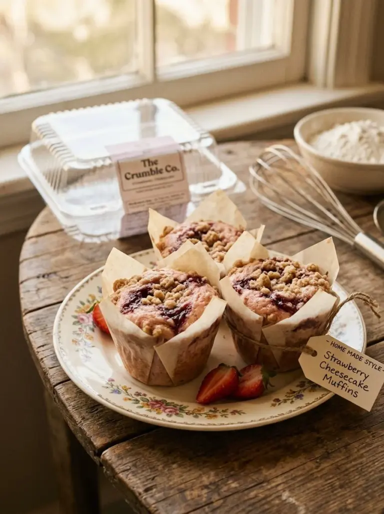 Delicious strawberry cheesecake muffins topped with fresh strawberries.