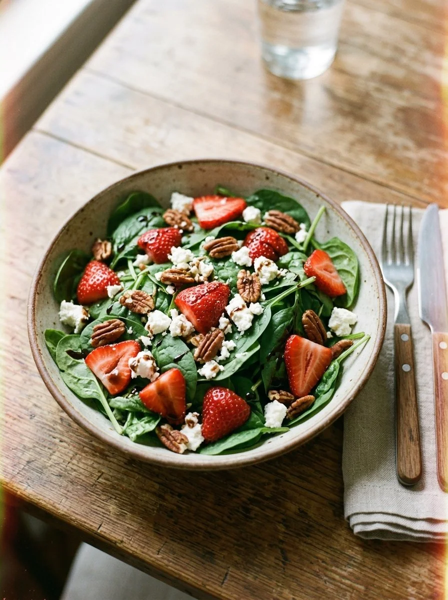 Delicious Strawberry Spinach Salad with fresh strawberries and greens