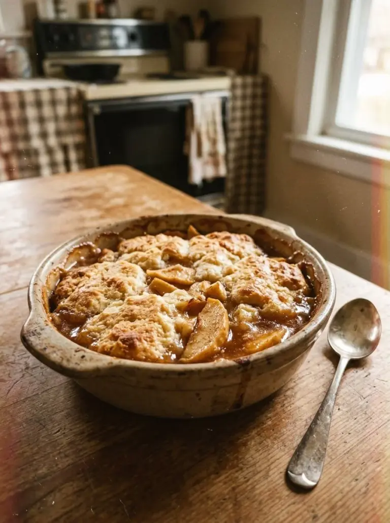 Delicious homemade apple cobbler served in a rustic dish with a golden crust.