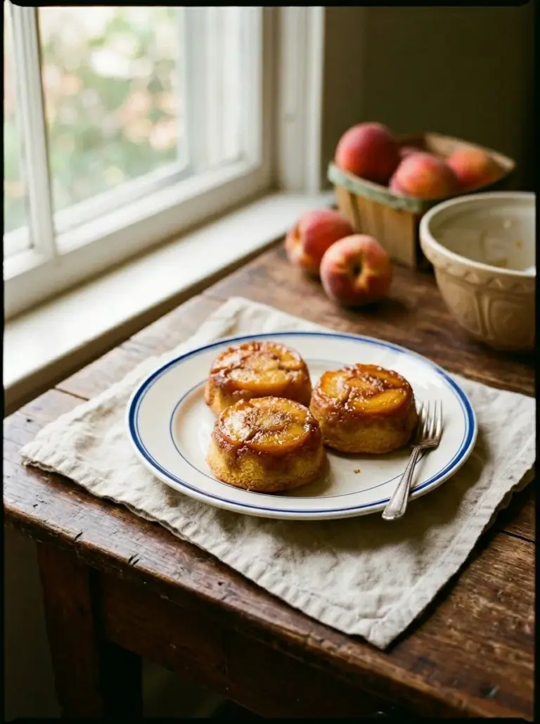 Fresh peach mini upside down cakes beautifully arranged on a plate