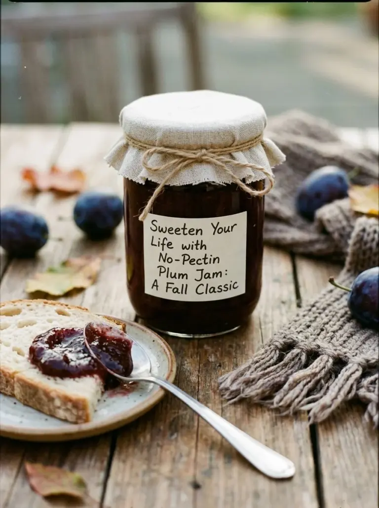 A jar of homemade no-pectin plum jam with fresh plums and a spoon on a wooden table.