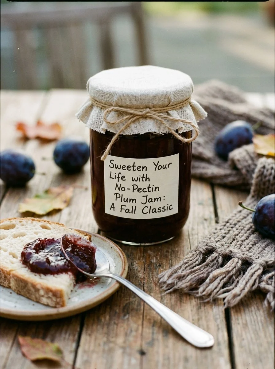 A jar of homemade no-pectin plum jam with fresh plums and a spoon on a wooden table.