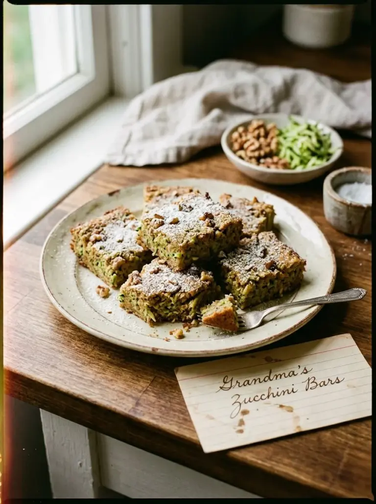 Delicious homemade zucchini bars on a rustic wooden table.