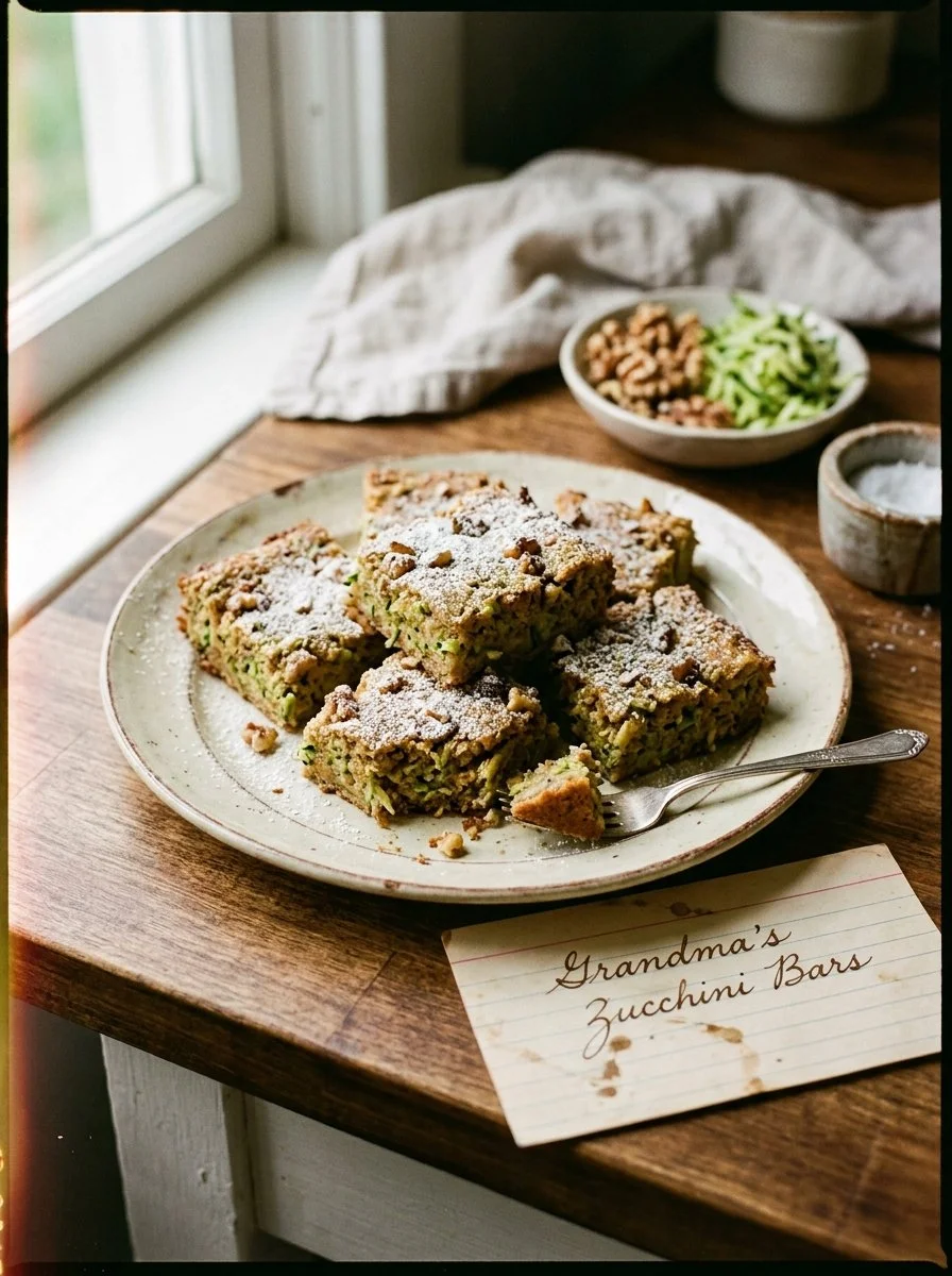 Delicious homemade zucchini bars on a rustic wooden table.