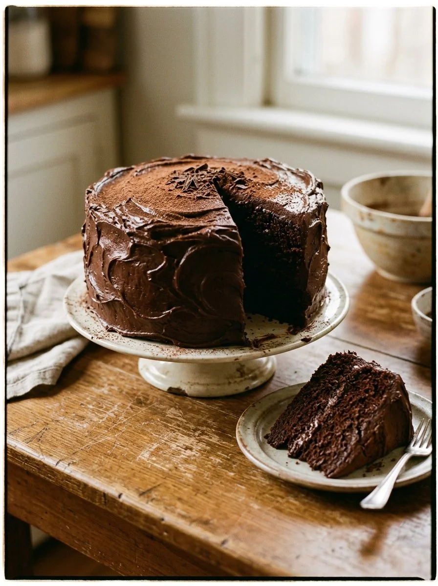 Delicious homemade chocolate cake with icing and decorations