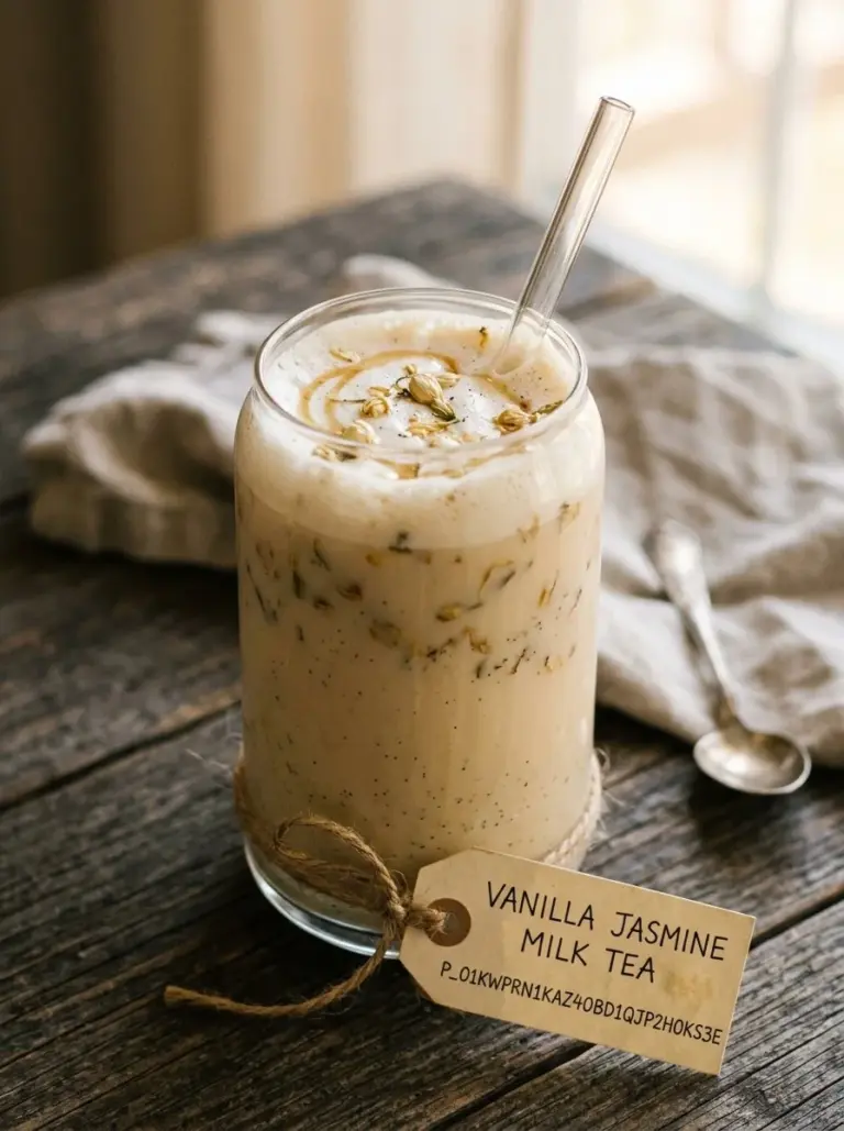 Cup of Vanilla Jasmine Milk Tea with floral and vanilla garnish
