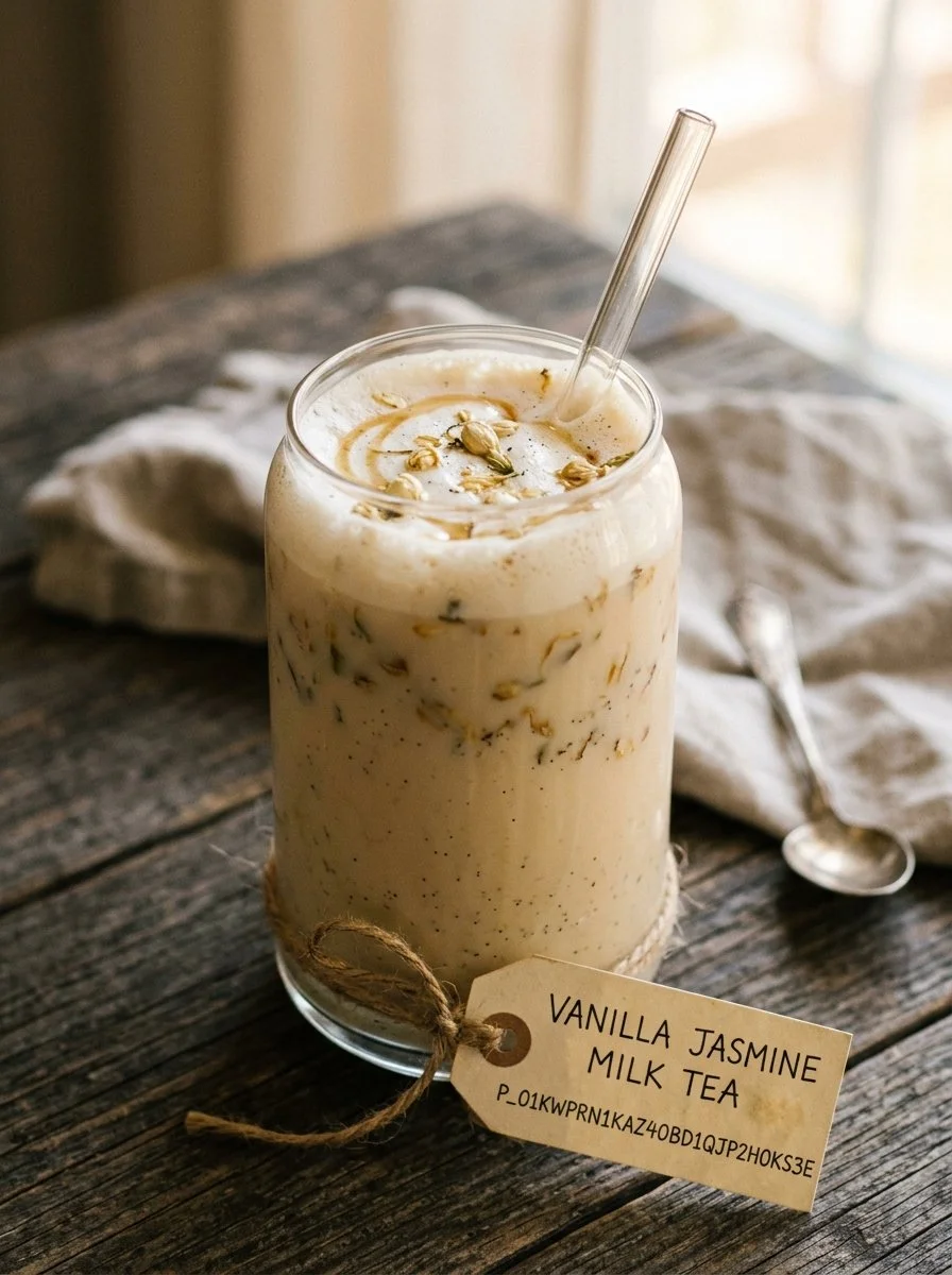 Cup of Vanilla Jasmine Milk Tea with floral and vanilla garnish