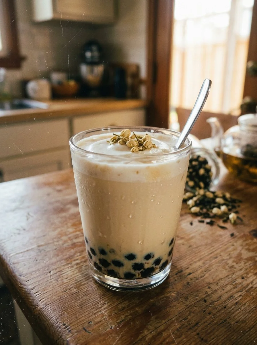 A cup of creamy jasmine milk tea with fragrant jasmine flowers.