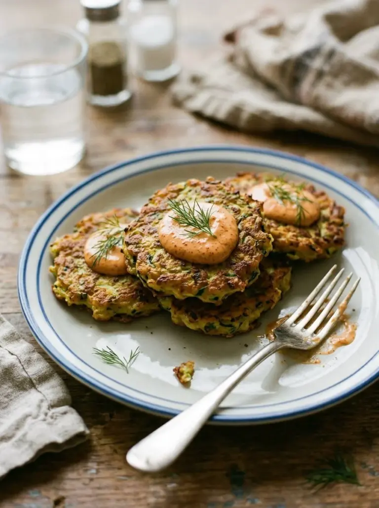 Plate of golden zucchini fritters with dipping sauce