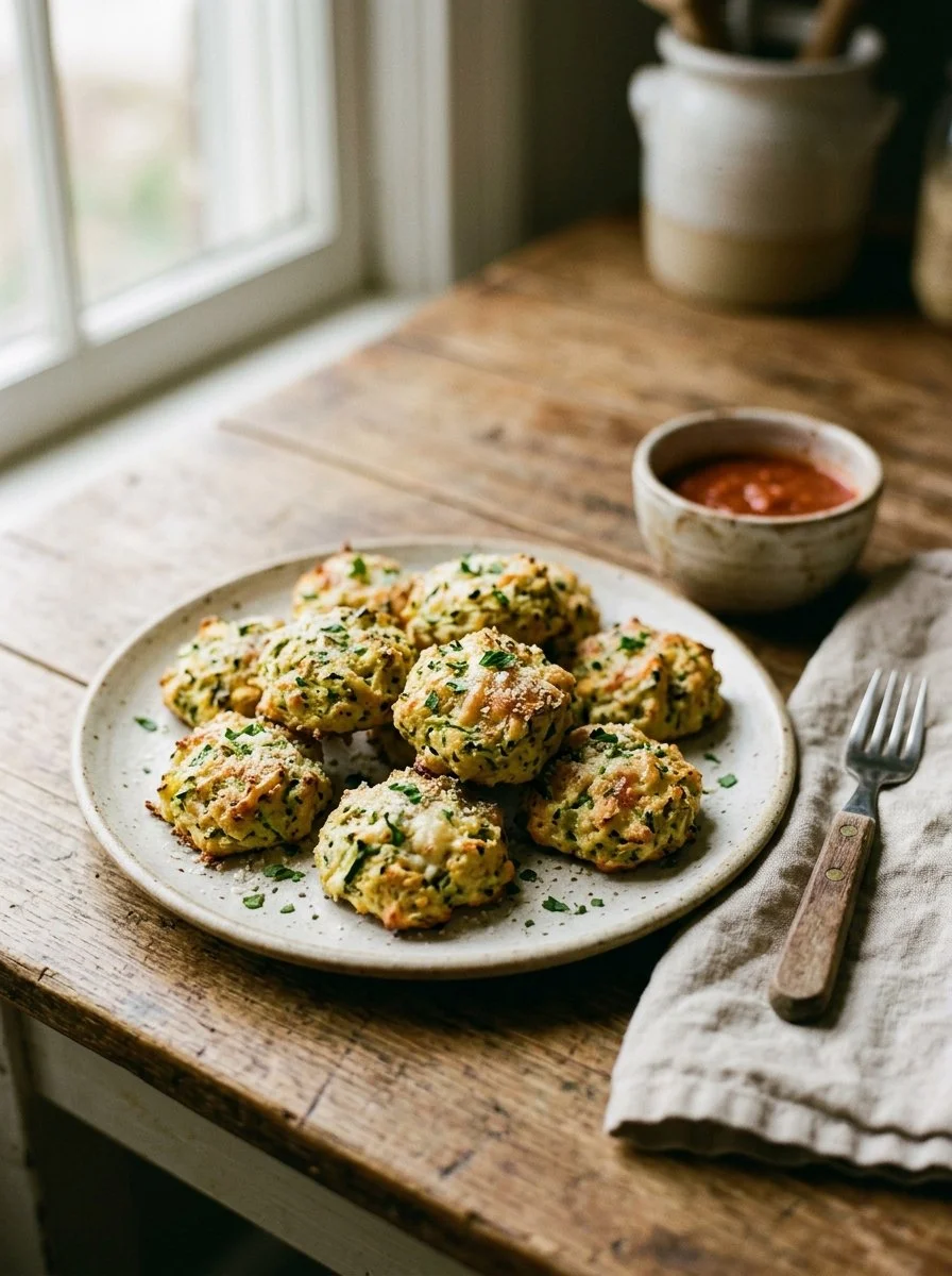 Bowl of zucchini garlic bites, a healthy and tasty snack option.