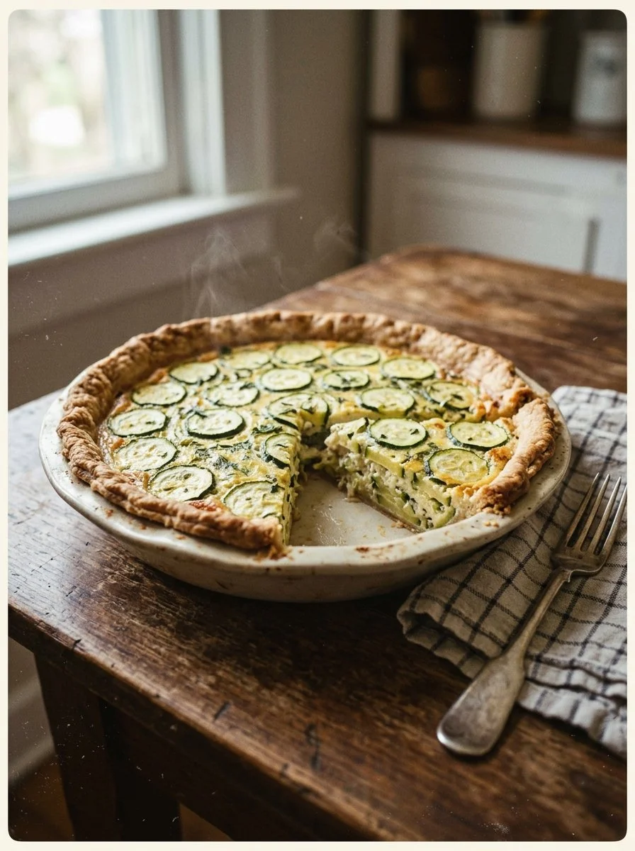 Homemade Zucchini Pie served on a plate with fresh herbs.