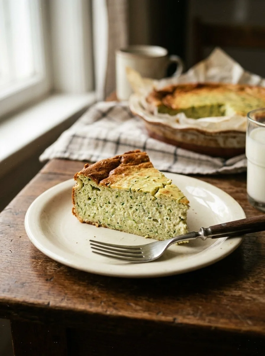 Delicious Zucchini Ricotta Cheesecake served on a dessert plate